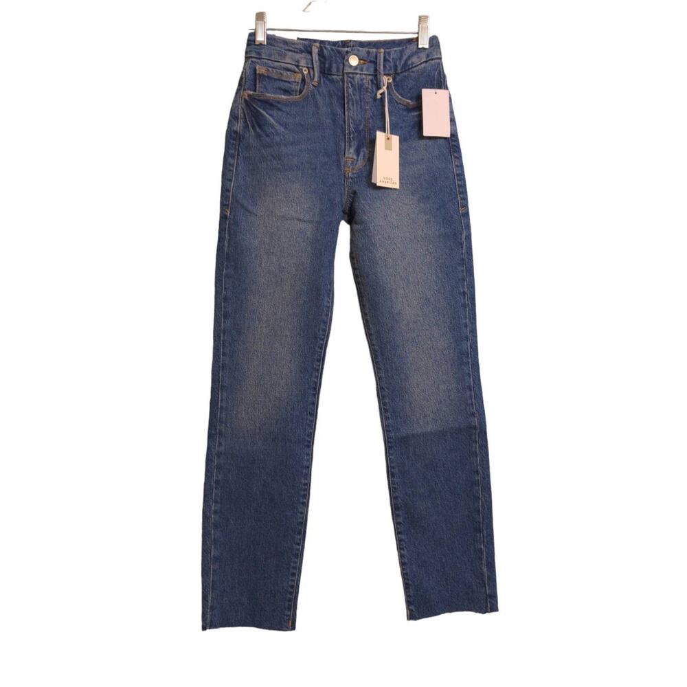 Good American Classic Straight Leg Jeans Blue Stretch Medium Wash Raw Hem 00 New
